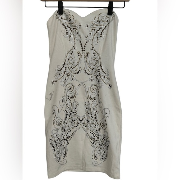 Guess Strapless Embellished Dress White Brown Silver - Picture 2 of 8